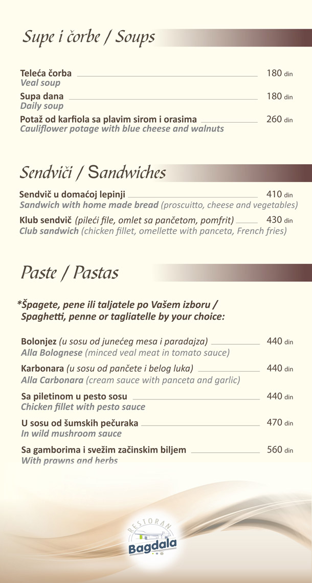 Soups / Sandwiches / Pastas