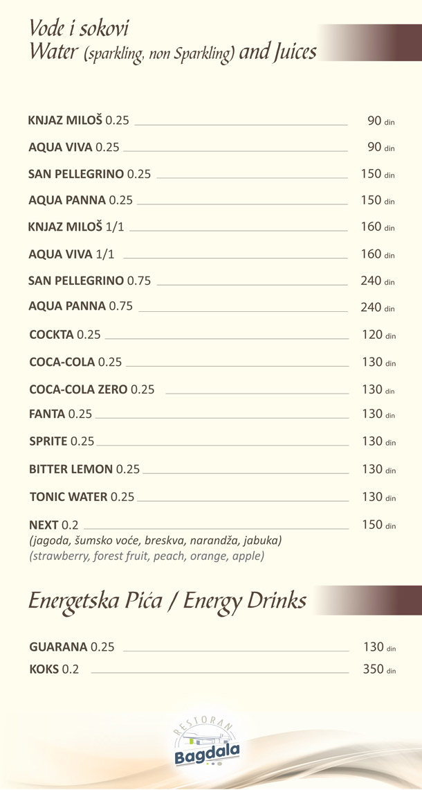 Water (Sprakling, Non Sparkling) and Juices / Energy Drinks